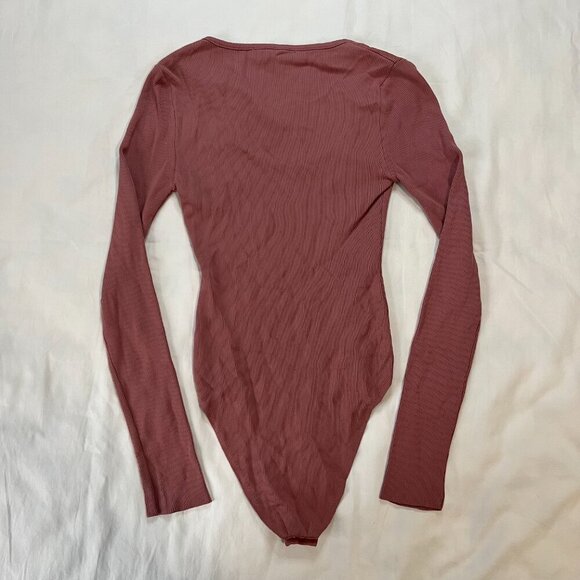 Zara Dusty Rose Pink Ribbed Fitted Long Sleeve Crewneck Bodysuit | Size S - Picture 6 of 6